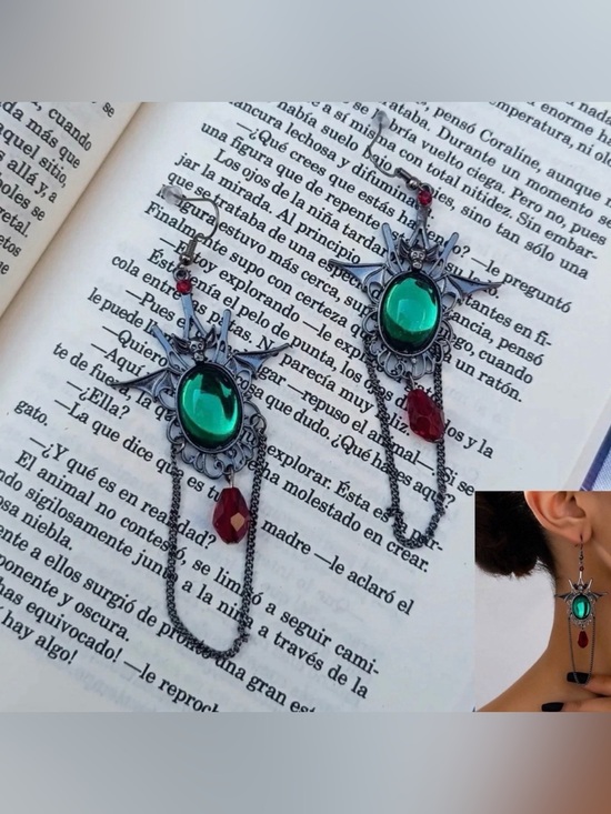 Jewelry - 2/$30🌵 Black Bat Green Stone Earrings Dangle Chain Red Bead Gothic Jewelry NEW